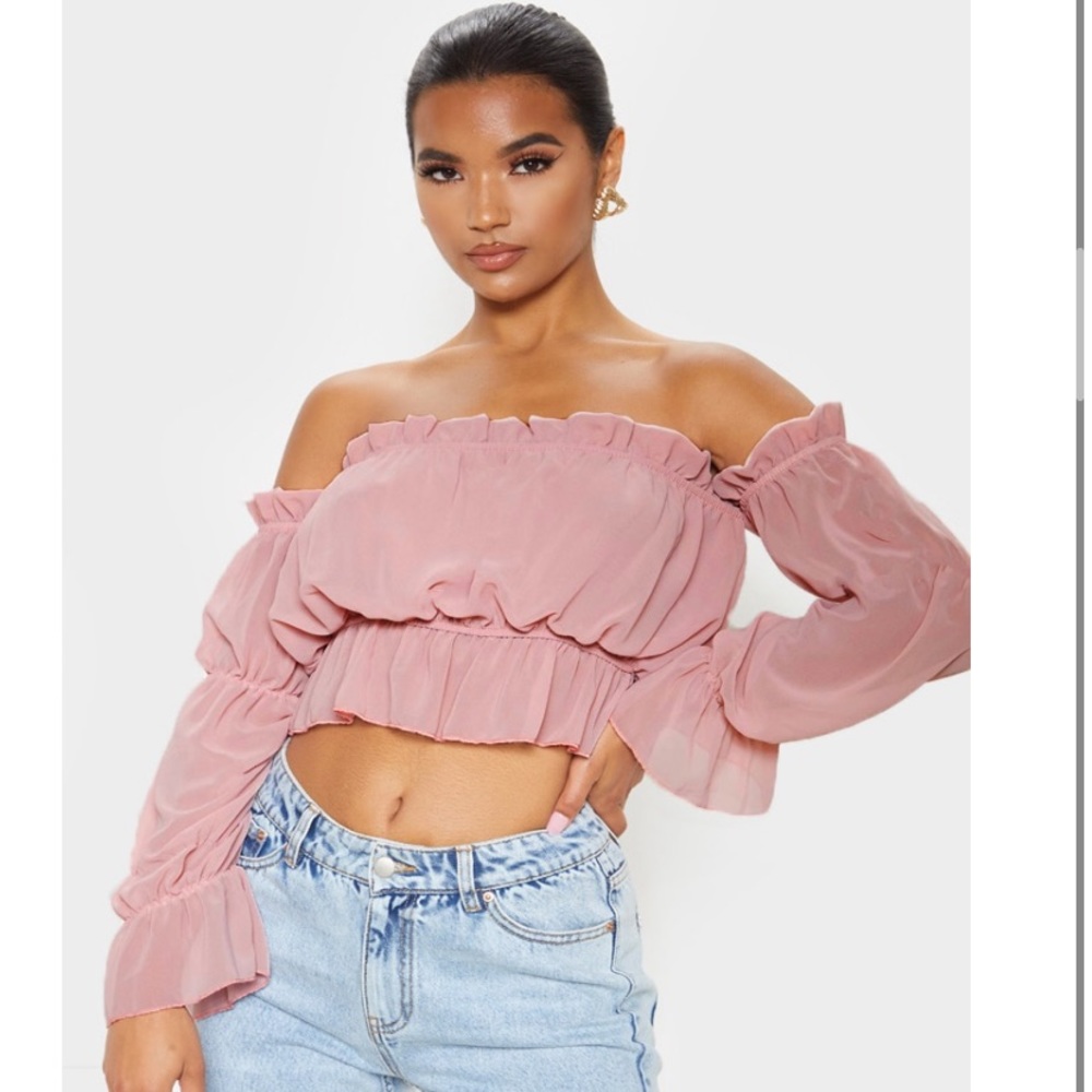 Dusty Lilac Woven Ruffle Bardot Flared Sleeve Blouse